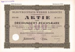 Акция Electricitats завод Лейниц, 300 рейхсмарок 1927 год, Германия